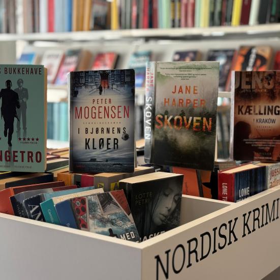 Fire bøger stillet på højkant på en krybbe med bøger med bogreoler i baggrunden