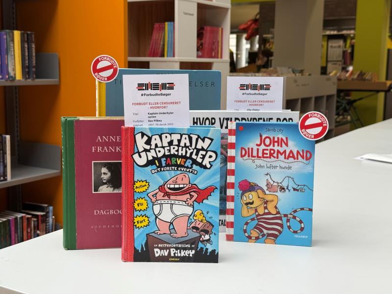 Fem børnebøger opstillet på et bord