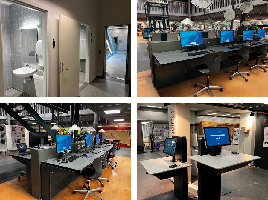 Toiletter på 1. sal i Kulturhuset. BorgerPCer i børn og voksen på HB. Udlånsautomater.