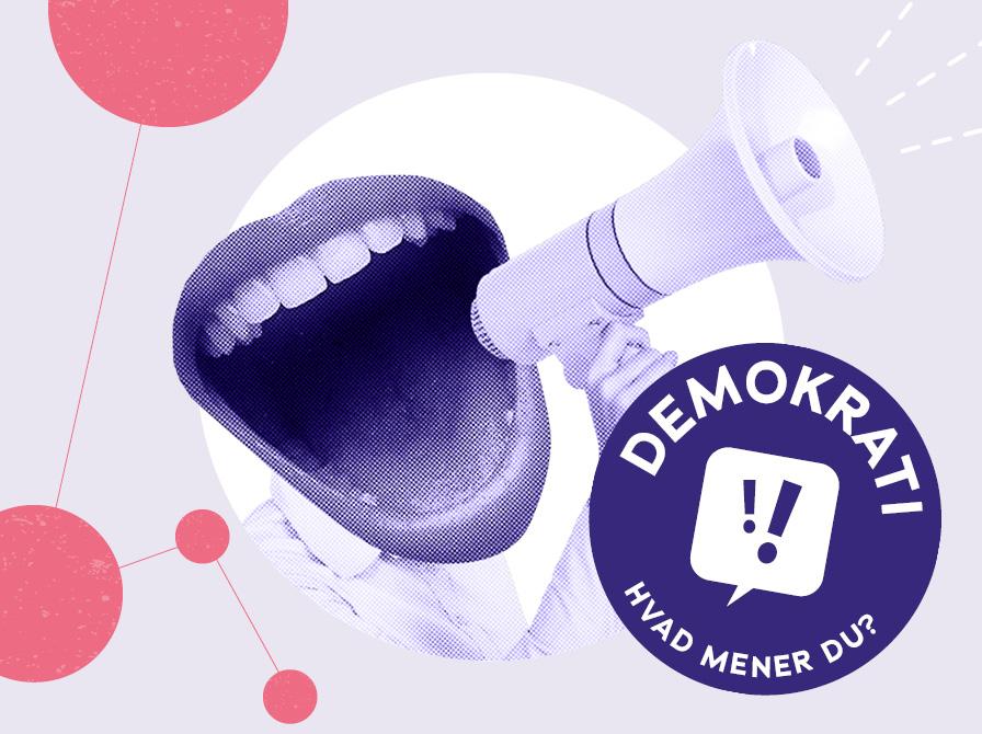 Collage med talende mund og megafon samt demokrati-badge