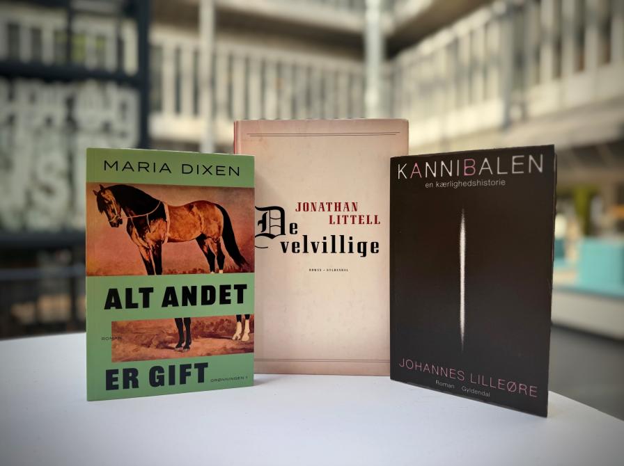 Tre bøger stående på højkant på et hvidt bord med biblioteket i baggrunden
