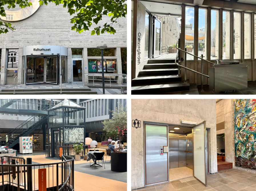 Hovedindgang til Kulturhuset, adgang til Grønnegården, elevator til underetagen og til hele Kulturhuset