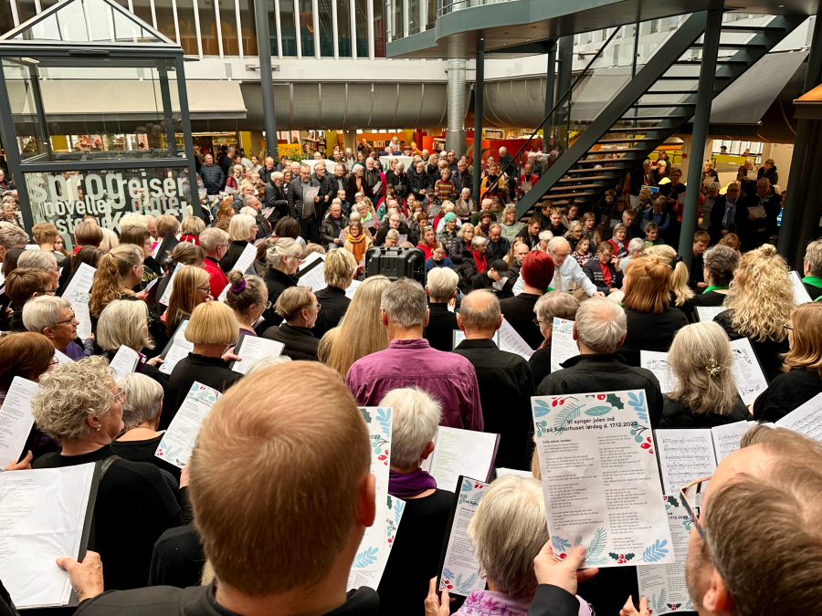 Mange mennesker synger på Randers Bibliotek